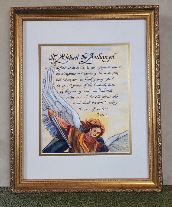 St. Michael the Archangel Defend us in battle framed calligraphy art print for Confirmation, RCIA, house warming, Father's Day and Birthday