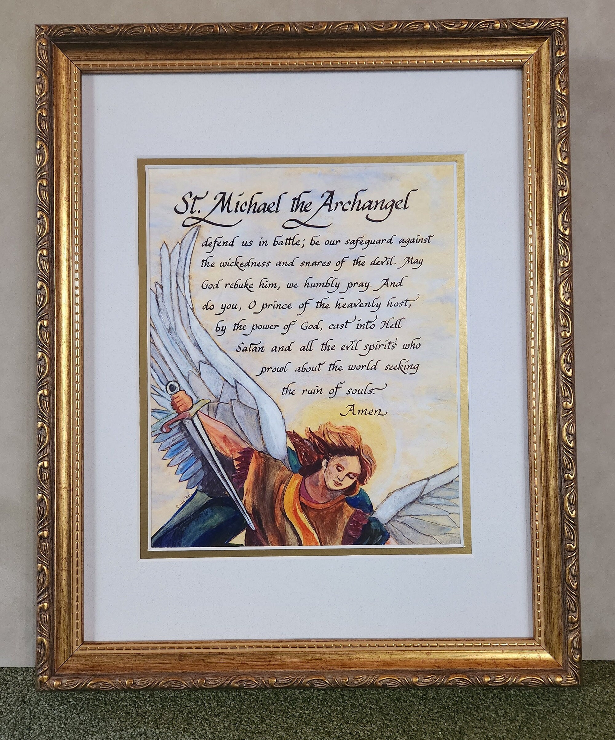 St. Michael the Archangel Defend us in battle framed calligraphy art print for Confirmation