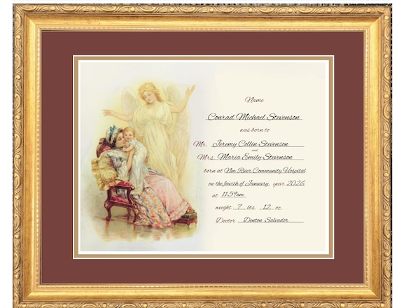 Personalized Victorian birth certificate replica framed picture.