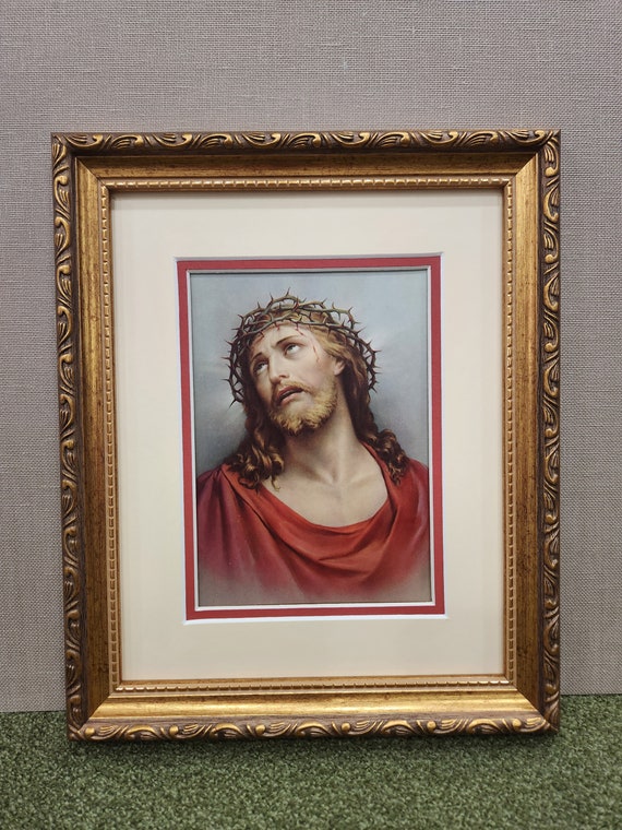 Jesus Crown of Thorns art custom framed and matted vintage art print