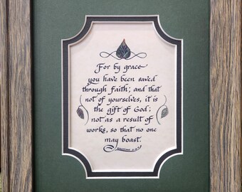 Ephesians 2:8-9 Framed Bible Verse Calligraphy Art - Christian Scripture