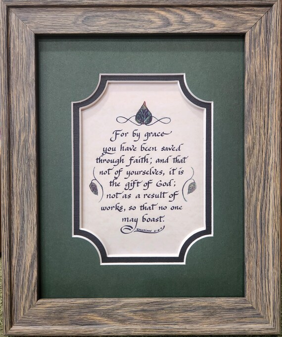 Ephesians 2:8-9 Framed Bible Verse Calligraphy Art - Christian Scripture