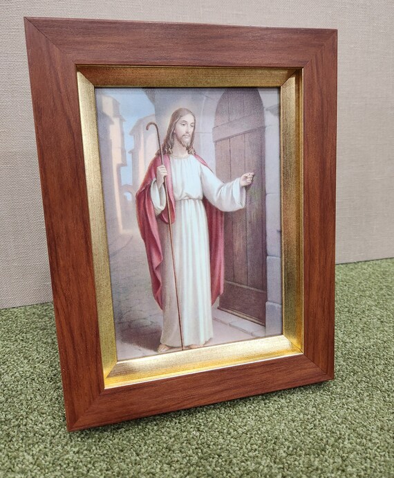 Jesus knocking at the door framed vintage print