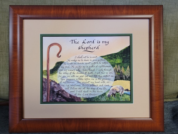 The Lord is my Shepherd Psalm 23 framed and matted calligraphy and art picture