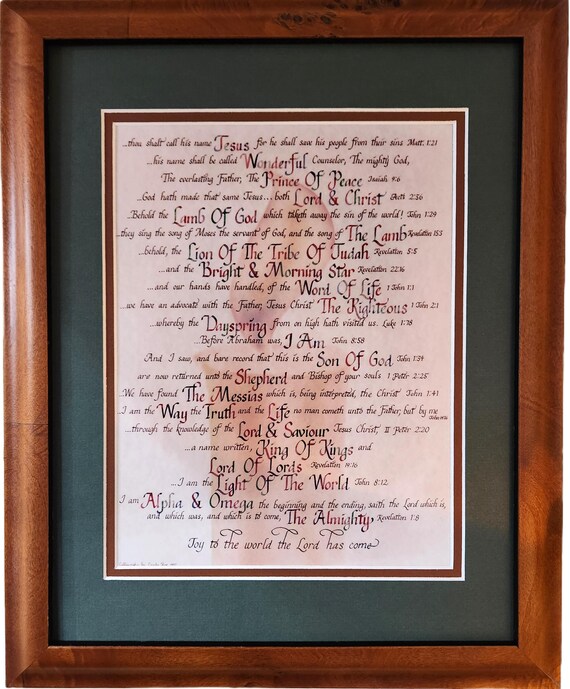 Scripture Names for Jesus in multi colored calligraphy lettering framed and matted for gift giving and home decor