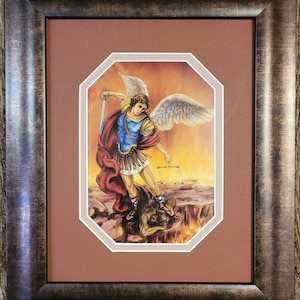 St Michael the Archangel print custom framed and matted wall picture in bronze color frame