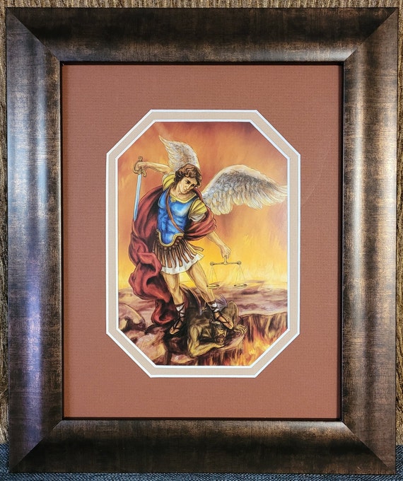 St Michael the Archangel print custom framed and matted wall picture in bronze color frame