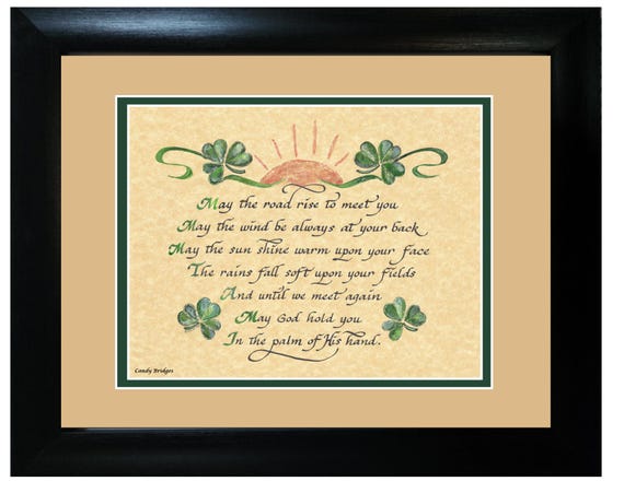 May the road rise up to meet you Irish Blessing prayer verse with shamrocks framed and matted calligraphy gift for St. Patrick's Day Wedding