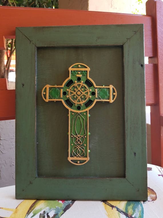 Irish Celtic Cross Framed with rustic green weathered wood frame. Office, home, Father's Day, Friends, St. Patrick's Day, Irish Wedding Gift