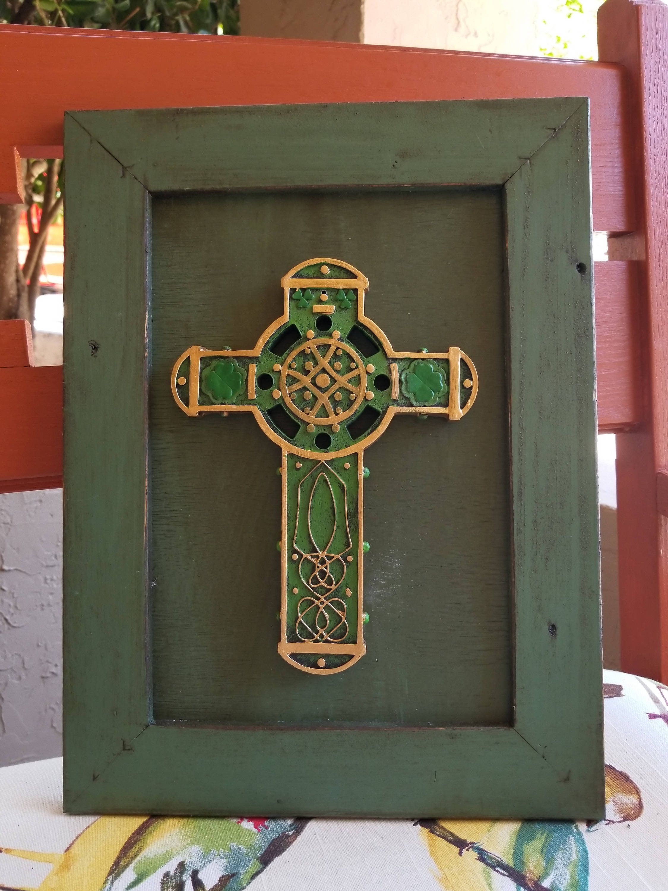 Irish Celtic Cross Framed with rustic green weathered wood frame