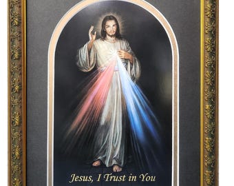 Framed Divine Mercy Print: Religious Sacred Art, Gold Frame