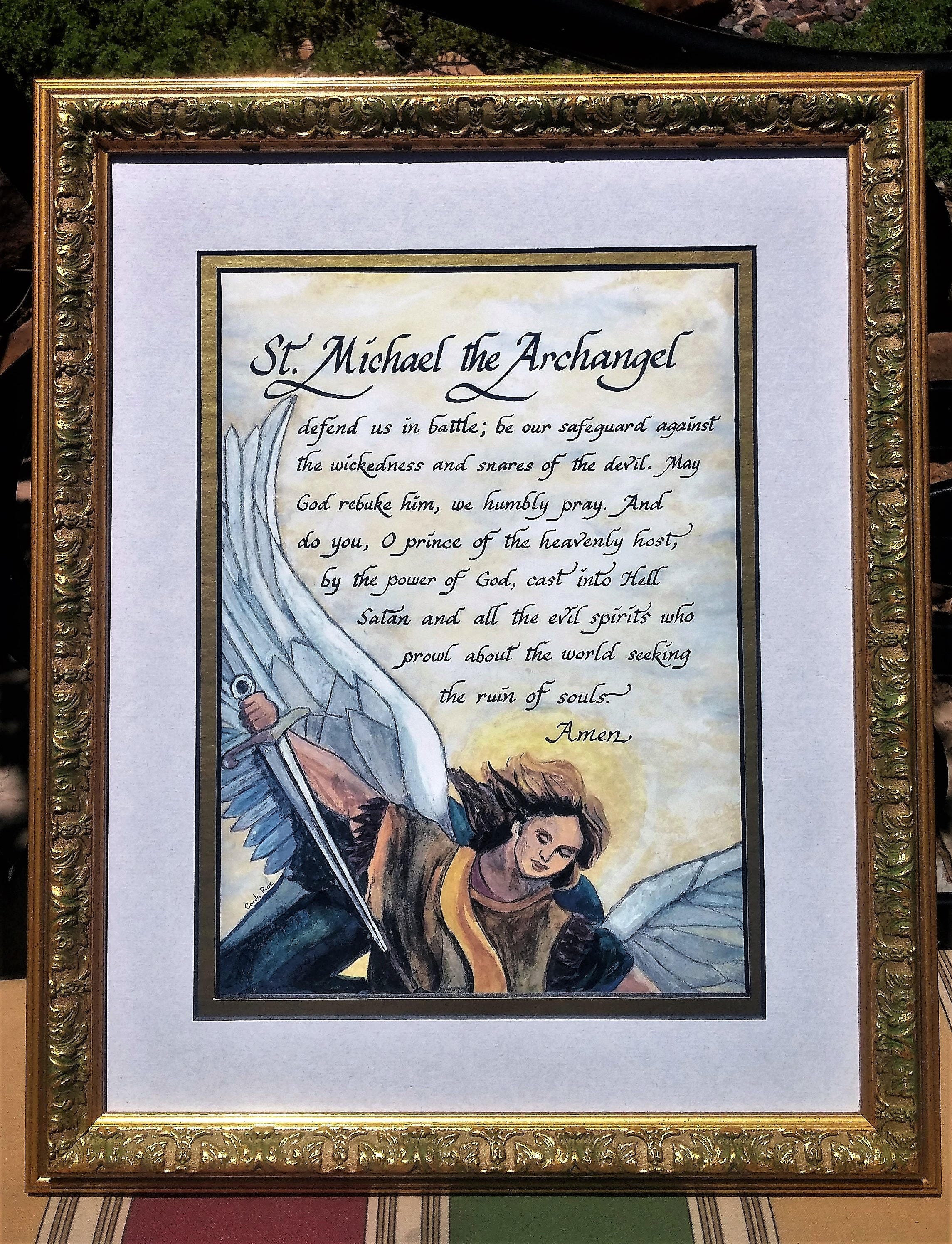 St. Michael the Archangel Defend us in battle framed calligraphy art