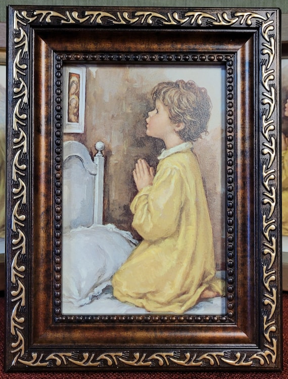 Little boy praying framed picture for nightstand, shelf or dresser