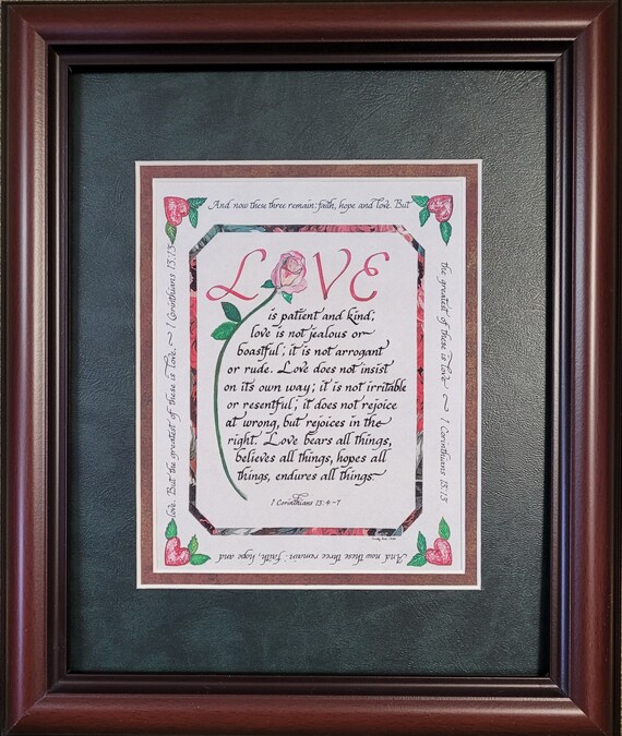 Love is patient. Love is kind Scripture Calligraphy framed verse