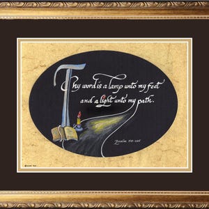 Thy word is a lamp unto my feet psalm 119:105 custom framed and matted calligraphy picture