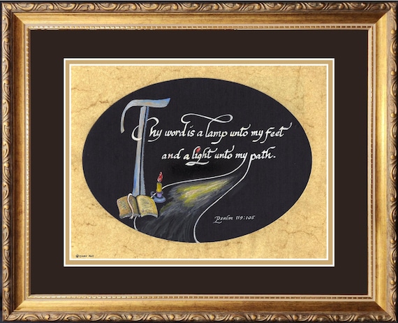 Thy word is a lamp unto my feet psalm 119:105 custom framed and matted calligraphy picture