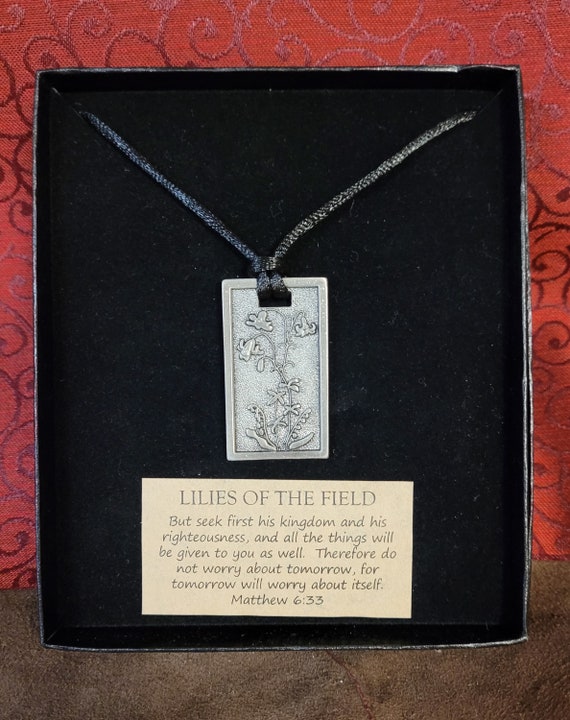 Lilies of the field silver vertical pendant necklace Matthew 6 33 Loaves and fishes