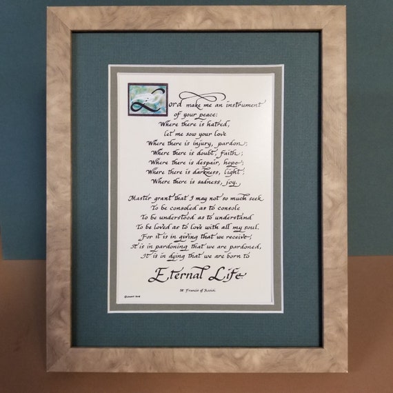 Saint Francis Peace Prayer calligraphy Poem Verse framed and matted 8" X 10" desktop picture