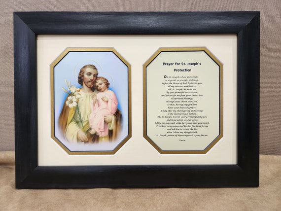 St Joseph and the child Jesus with Prayer of Protection for Saint Joseph custom framed and matted religious wall décor