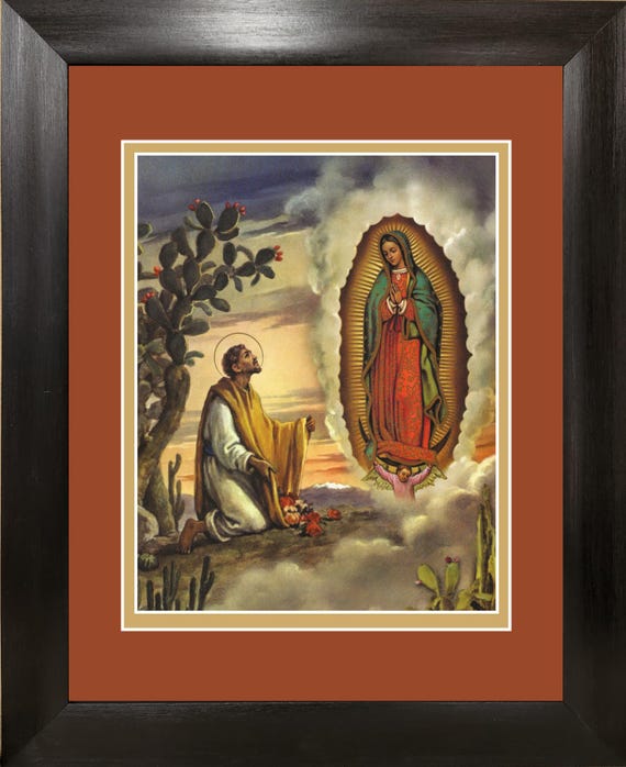 Our Lady of Guadalupe with Juan Diego, custom framed vintage Italian print