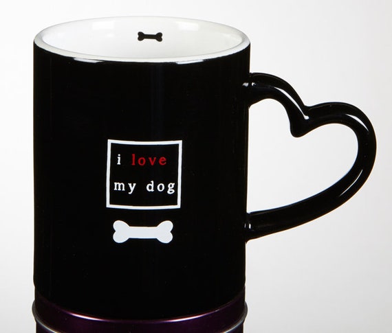 Dog mug I love my dog mug I love my cat mug with heart handle in Black and Red cute Dog and Cat tea mug for friend and family