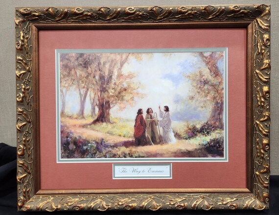 The Way to Emmaus custom-framed print in gold ornate frame