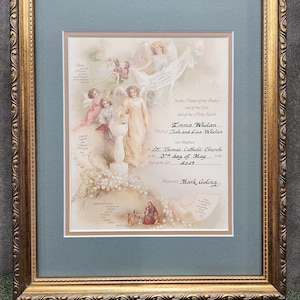 Bautismo Ángel Certificado victoriano personalizado con caligrafía con letras a mano enmarcado para bebé niña o niño