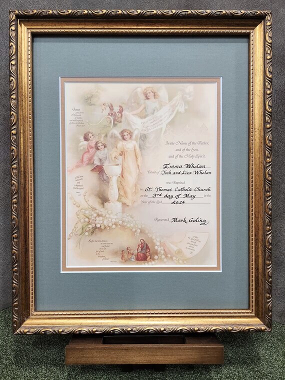 Baptism Angel Victorian Certificate personalized with hand lettered calligraphy custom framed for baby girl or boy