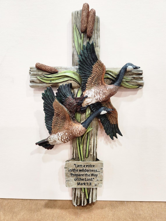 Cross with Canadian geese and Scripture.