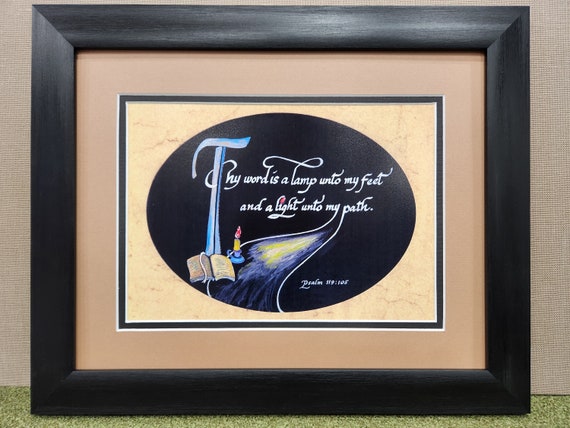 Thy word is a lamp unto my feet psalm 119:105 custom framed and matted calligraphy picture