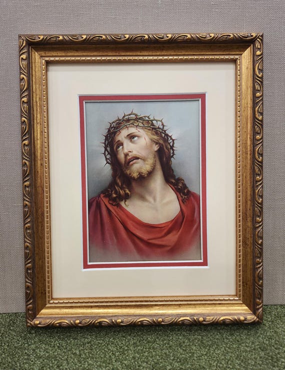 Jesus Crown of Thorns art custom framed and matted vintage art print