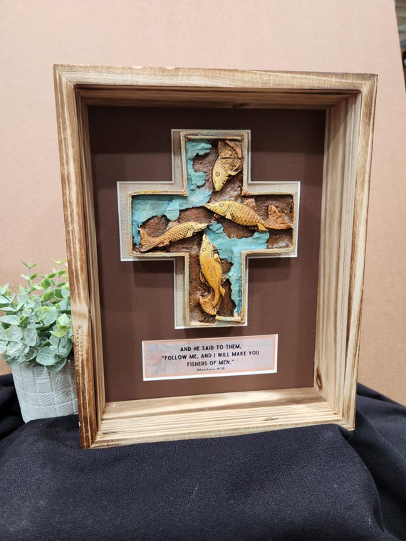 Fishers of Men shadowbox with fish cross and Scripture verse