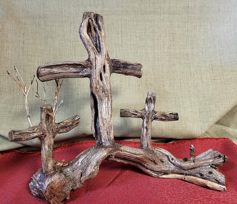Manzanita wood three cross art piece one of a kind wood display for home, church office and gift