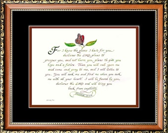 Jeremiah 29:11 Scripture verse custom framed and matted religious wall décor