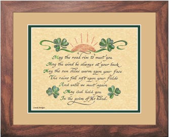 Framed Irish Blessing Prayer Print: Shamrock Calligraphy Art