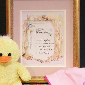 Geboorteakte Vintage Heirloom Victoriaans voor babymeisje met handgeschreven kalligrafie ingelijst en gematteerd onder glas klaar om op te hangen