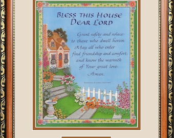 Personalized House Blessing with a cottage-themed art print framed and matted for Christian home decor.