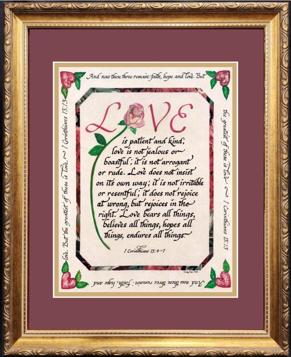 Love is patient and kind custom framed scripture verse from 1 Corinthians for Valentine's Day, Wedding or Anniversary
