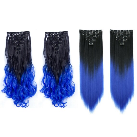 Curly/straight Black With Blue Hair Extensions With 7pcs - Etsy UK Curly/straight Black With Blue Hair Extensions With 7pcs - Etsy UK