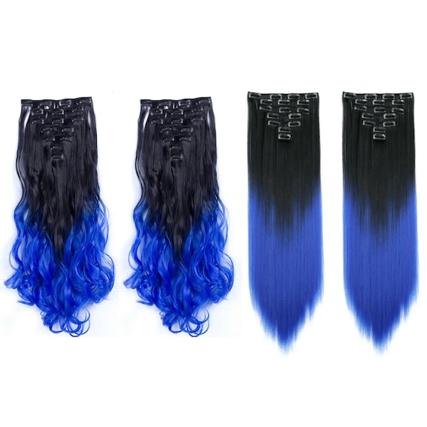 Curly/Straight Black with Blue Clip in Hair Extensions with 7Pcs 16Clips to boost volume to add colour seamless blend with your hair