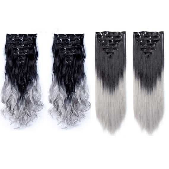 Two Tones Black With Light Grey Hair Extensions With 7pcs - Etsy UK Two Tones Black With Light Grey Hair Extensions With 7pcs - Etsy UK