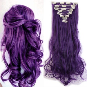 22 inch Long Party Cosplay Purple Clip in Hair Extension Hairpiece with 7Pieces 16Clips for Vibrant Hair Transformation looks real