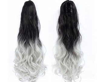 One Piece Clip on Ponytail Hair Extensions - 19 inch Long Ombre Black with Silver Grey Ombre Hair Extensions Looks Natural Hair for party