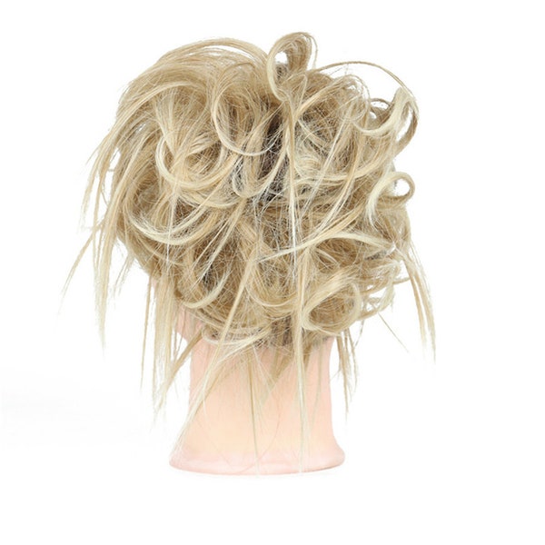 Ash Blonde mix Bleach Blonde Tousled Hairbun extension - Messy Fluffy Hairbun ponytail extension with elastic band easy to care