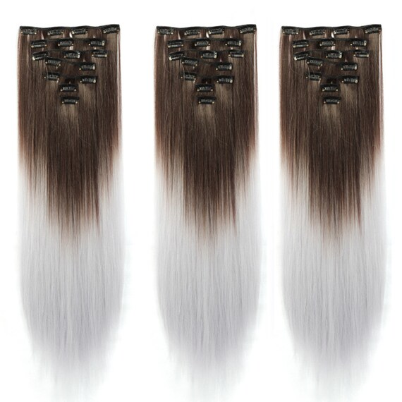 23inch Natural Brown To Ash Grey Ombre Long Hair Extension Weft Clip In Hairpiece Extensions For Party Wedding Cosplay 2packs For Full Head