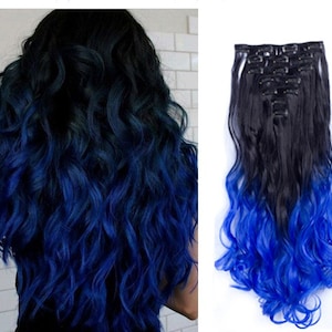 22 inch Two tones Black with Blue Curly Hair Extensions Hairpiece with 7Pcs 16Clips to add colour volume for cosplay special occasions