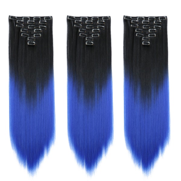 23inch Long Ombre Black with Blue Party Cosplay Wedding Straight Clip in Hair Extensions 7Pieces 16Clips in stylish Customized hair design