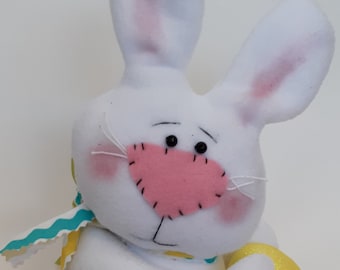 Bunny shelf sitter, spring decor, spring decoration, plush bunny, Easter decoration, Easter bunny decor, spring bunny, bunny with egg, bunny