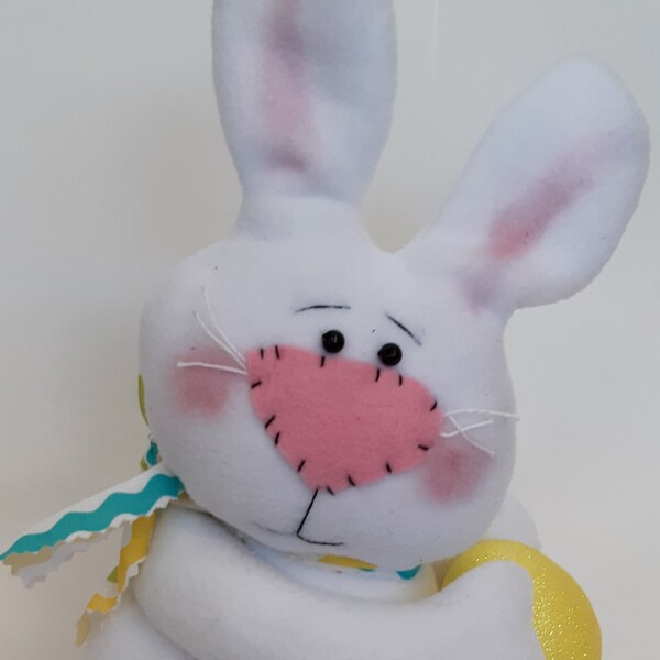 Bunny shelf sitter, spring decor, spring decoration, plush bunny, Easter decoration, Easter bunny decor, spring bunny, bunny with egg, bunny