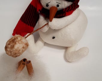 primitive snowman, snowman, snowman decoration, toasting marshmallow snowman, winter decoration, snowman sitter, primitive winter decor